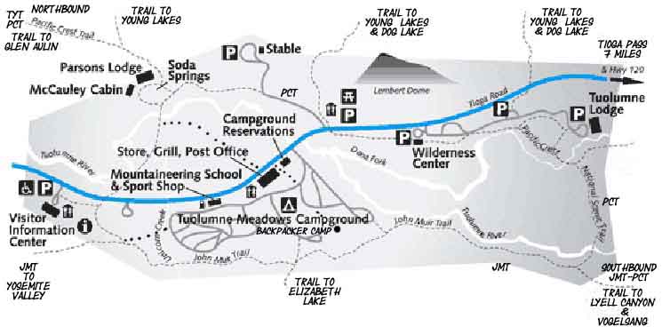Detailed map of Tuolumne Meadows Federal Facilities.